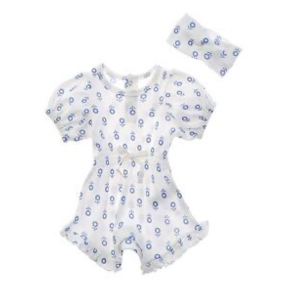 Rachel Zoe Other - Rachel Zoe Baby Puff Sleeve Floral Romper W/ Headband White & Blue Girl NWT 6-9M